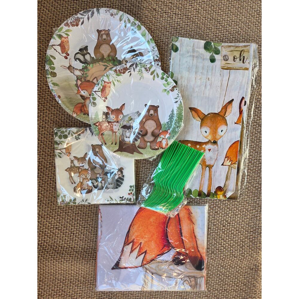 24 guests Forest Animals Birthday Party Supplies- table cover, backdrop and more